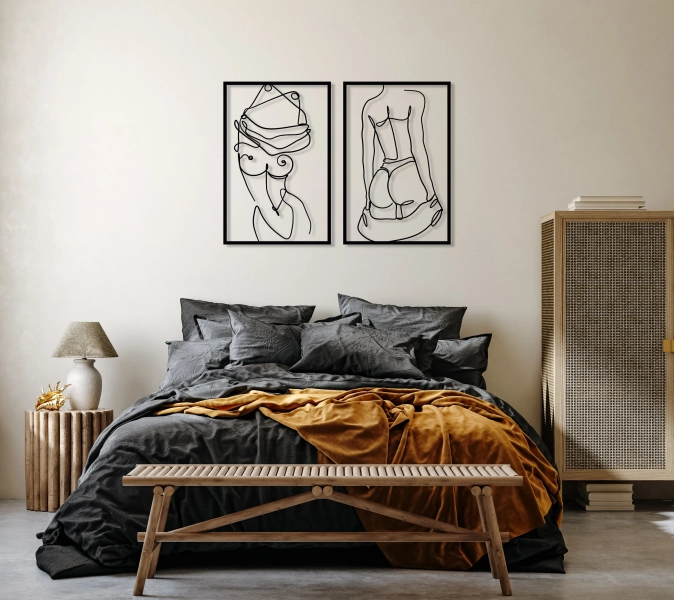 Set of 2 Female Body Naked Metal Wall Art, Woman Body Naked Wall Decor, Minimalist Line Art Gift, Nude Female Wall Art, - Primary color: Black