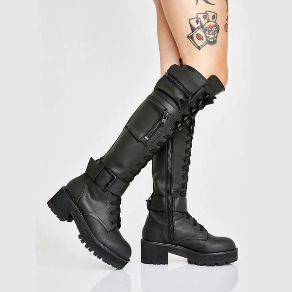 Women Round Toe Lace Up Knee High Boots Punk Buckle Strap Block Heel Shoes Club