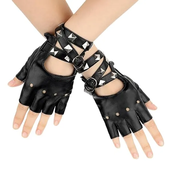 Leather Punk Gloves Fingerless Gloves for Women, Fingerless Driving Cycling Sports Gloves PU Faux Leather Outdoor Sport Half Finger Glove Cosplay Gloves Gothic Gloves for Driving Motorcycle Bike