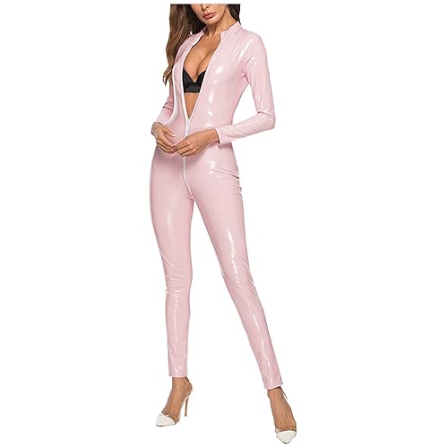 AMhomely Womens Wet Look Leather Jumpsuit Patent Faux PU Catsuit Leotard Romper Jumpsuit Long Sleeve Zipper Clubwear Slutty Lingerie Catsuit Glosed Shiny Flattering Playsuit Tigh Bodysuit - 01 Pink - M