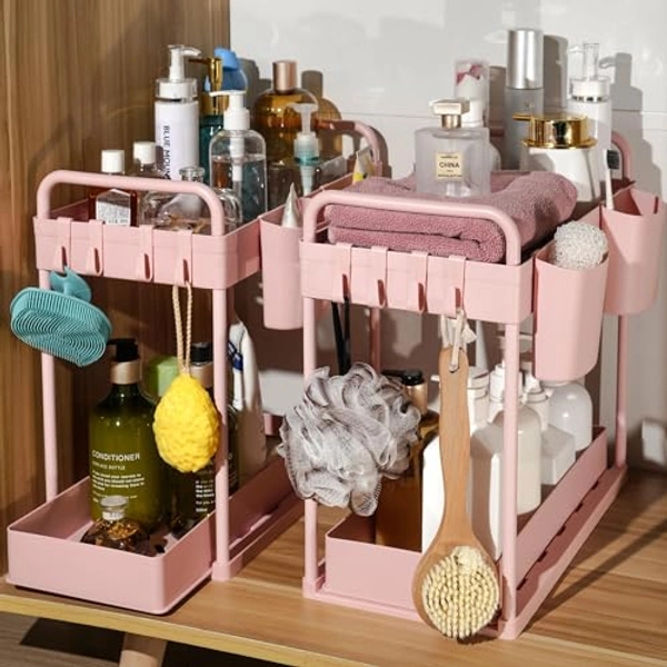 ZCHLPTZUP Under Sink Organizer, 2 Tier Sliding Bathroom Organizer Cabinet Storage with Hooks, Hanging Cups, Handles, Under Sink Storage for Kitchen Bathroom Cabinet, Pink, 2 Pack