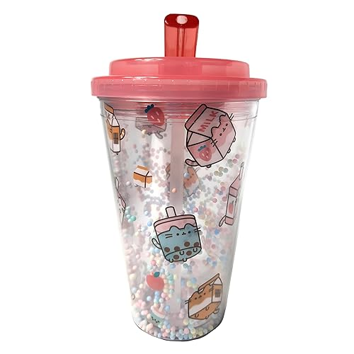 Puckator Shatterproof Pusheen Sips Double Walled Cup & Straw - Insulated Tumbler - Cups with Lids and Straws for Adults Children - Travel Thermal Cup with Straw - Water Bottles with Staw