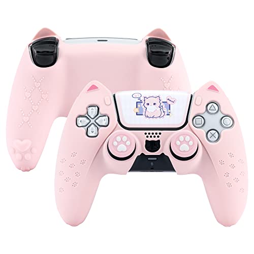 GeekShare Pink Cat Paw PS5 Controllers Skin Grips Set Anti-Slip Silicone Skin Protective Cover Case Joystick Caps for Playstation 5 DualSense Wireless Controller Accessories Kit - Pink