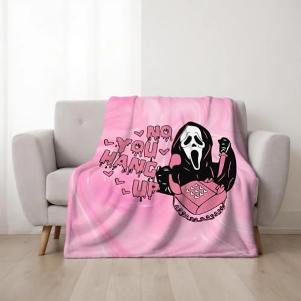 50''x 60'' Funny No You Hang Up Pink Horror Ghost Fleece Throw Blanket - Cozy Lightweight Thick Blanket - Soft Fuzzy Plush Blankets Throws- Halloween Valentine's Day Gifts for Bedroom Bed Sofa
