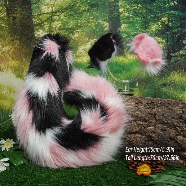 Pink and Black Faux Fur Ears and Tail Set for Yang Guifei Cosplay - puppy tail, puppy ears, Soft Plush Costume Accessory, Fursuit