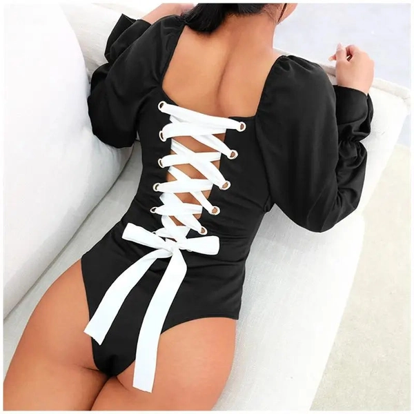 Flattering Powder Blue Corset-Back Bodysuit with Poofy Ruffled Sleeves