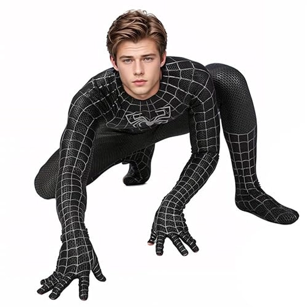 HTXGUO Halloween Superhero Costume Cosplay Black Bodysuit Jumpsuit Zentai Onesie Outfit Dress Up for Mens Kids