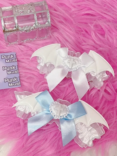 [$6.25]Jirai Kei Cross Devil Wings Lace Bowknot Wrist Cuff White/White and Blue