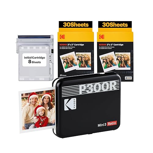 KODAK Mini 3 Retro 4PASS Portable Photo Printer (3x3 inches) + 68 Sheets Bundle (8 Initial Sheets + 60 Sheets Pack), Black - 3x3 Printer + 68 Sheets - Black
