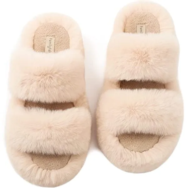 FamilyFairy Womens Fluffy Faux Fur Slippers Comfy Open Toe Two Band Slides with Fleece Lining and Rubber Sole