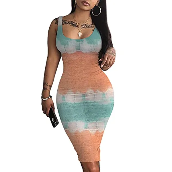 weiyinhe Sexy Summer Women's Casual Tie Dye Round Neck Sleeveless Club Beach Bodycon Midi Tank Dress Sun Dresses