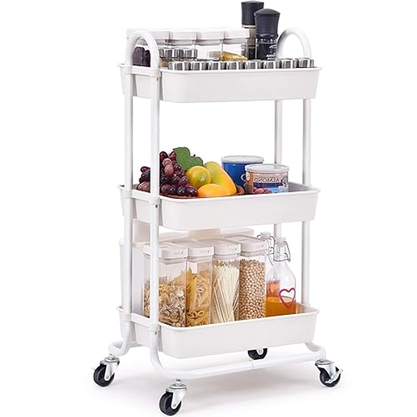 TOOLF Utility Rolling Cart with Lockable Wheels, Multi-Purpose Storage Organizer, Organizer Trolley with Handles, Serving Trolley with Mesh Basket for Home, Office, Kitchen, Bathroom (White)
