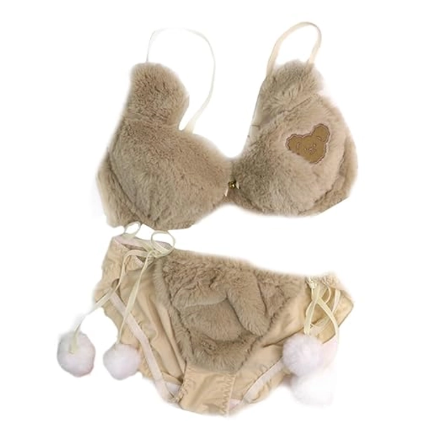 BOGEEL Womens 2pcs Bra Panty Set Bear Plush Bow Underwear Lingerie