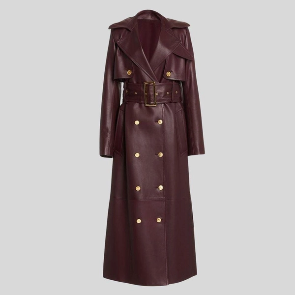 Women&#39;s Maroon Double-Breasted Leather Trench Coat - Stylish Winter Wear, Perfect Gift for Her, Halloween Gift Idea