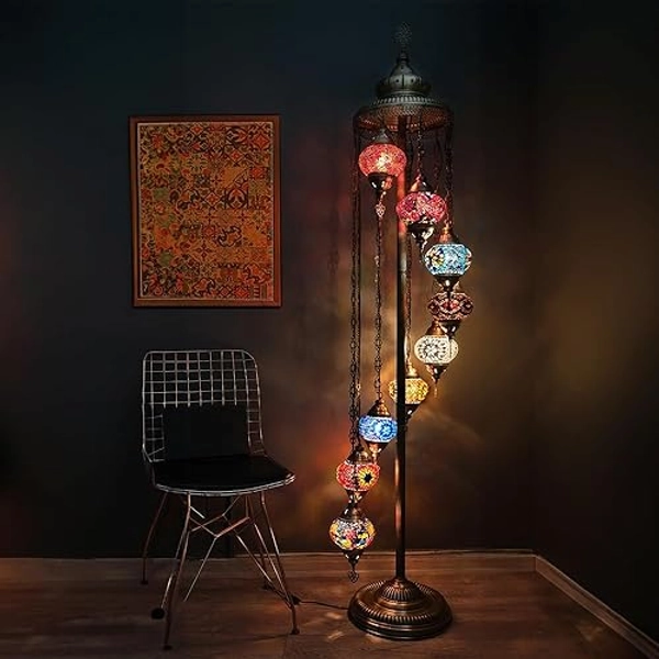 Asylove Turkish 9 Globe Floor Lamp - Moroccan Mosaic Design, 5 inch Globe, 70 inch Height (Colormix)