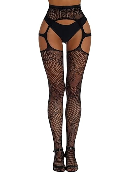 Verdusa Women's Fishnet Stockings Tights High Waist Lace Suspender Pantyhose