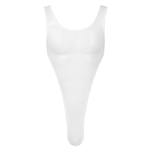 ACSUSS Mens Sheer Mesh Lingerie Deep U Neck High Cut Leotard Tank Wrestling Singlet Bodysuit - White - Large