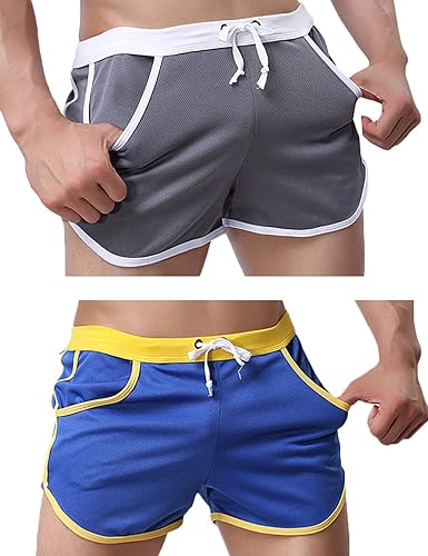 Rexcyril Men's Running Workout Bodybuilding Gym Shorts Athletic Sports Casual Short Pants - Large - 2 Pack (Grey + Blue)