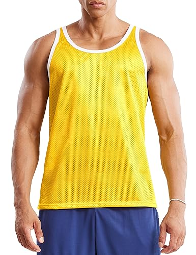 Ouber Men's Mesh Basketball Tank Top Workout Gym T-Shirts Sleeveless Training Shirt - Large - Yellow