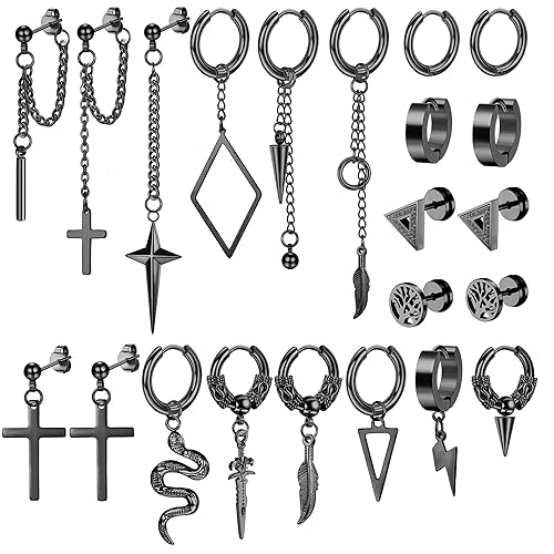 Kakonia 22 Pcs Dangle Earrings for Men Stainless Steel Hinged Huggie Hoop Earrings Punk Long Chain Stud Snake Feather Sword Dangle Kpop Earrings for Men Black and Sliver Tone - Black Tone