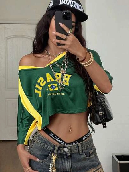 Coolane Women's Summer Brazil Rave Festival Streetwear Y2K Going Out Sportswear Brazil Graphics Patchwork Crop Tees,Rave Top