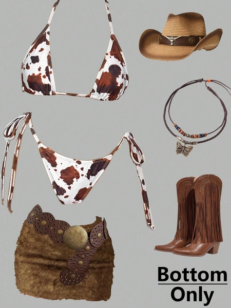 SHEIN ICON 1pc Y2k Festival Western Wear Women 90s Clothes Spring Summer Sexy Hippie Swimwear Going Out Cow Print Pattern Bikini Bottoms, Vacation & Beach Appropriate