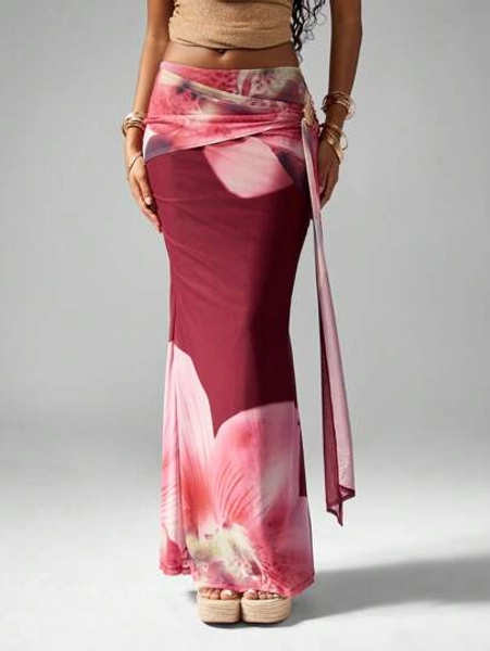 MISSGUIDED Floral Print Mesh Tie Maxi Skirt Wrap Style Orchid Pattern Summer Beachwear Resort Vacation Evening Luau Party Bohemian Long Skirt