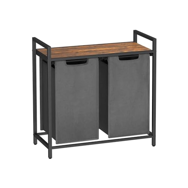 VASAGLE Laundry Hamper, Laundry Basket, Laundry Sorter with 2 Pull-Out and Removable Bags, Shelf, Metal Frame, 2 x 12.1 Gallons (46L), 28.8 x 13 x 28.4 Inches, Rustic Brown and Gray UBLH201G01