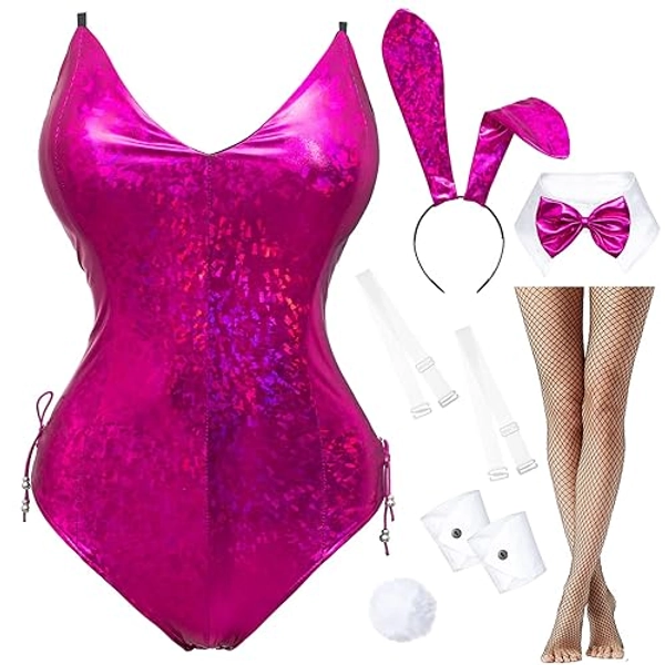 Womens Bunny Costume Girl Bodysuit Holographic Shining Suit Sparkle Costume Senpai Cosplay Bodysuit One Piece stockings Set