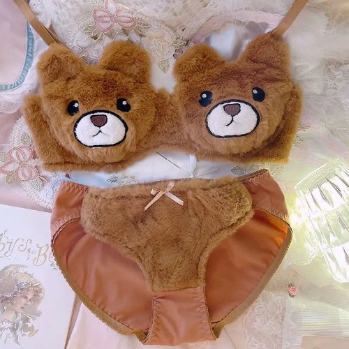 Ultra Plush Teddy Bear Lingerie Set for Bust-Under Bust Comfort - Brown Teddy Face / M