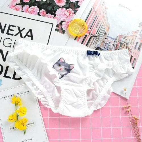 Ruffled White Kitten Panties for Neko Cuties - Grey Kitten / M