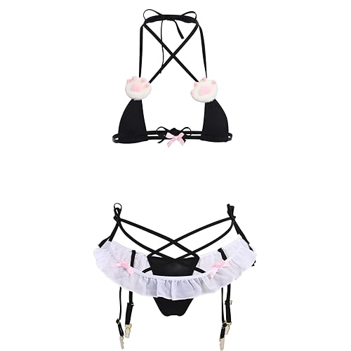 Womens Cute Kawaii Anime Cat Kitten Lingerie Set Micro Bikini Strappy Tiny Bra Mini Panty Extreme Swimsuit - One Size - Black-01