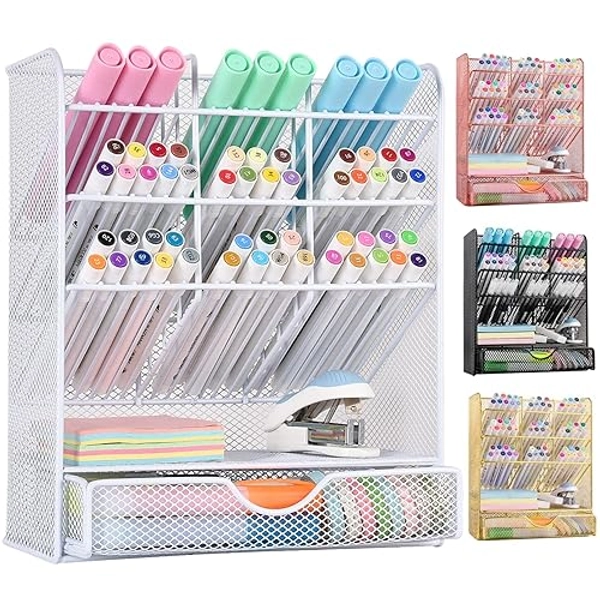 Spacrea Pen Holder Desk Organizer - Desk Organizers and Accessories, Pencil Holder with 10 Compartments and 1 Drawer(White)