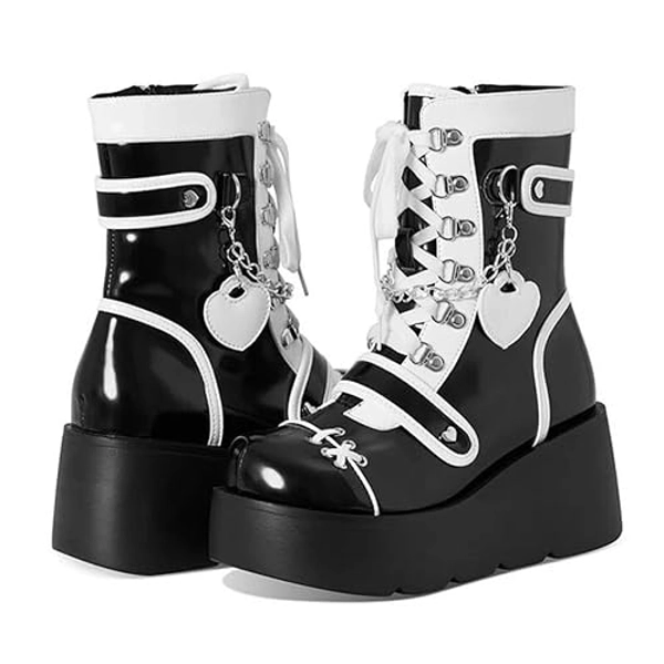 tinbarry Bottines à Plateforme Gothique Punk Femme Bottes à Lacets en Cuir PU Talon Bloc Bottes Courtes avec Talon Compensé Boucle Chaînes Zippées Bottes Femme Chaussures D'hiver