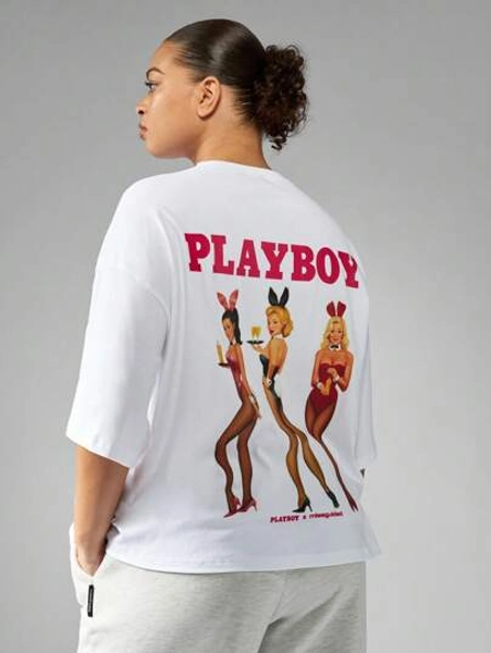 MISSGUIDED MISSGUIDED PLUS x Playboy Plus Size Bunny Graphic T-Shirt Retro Pin-Up Print Oversized Cotton Casual Street Style Summer Festival Tee