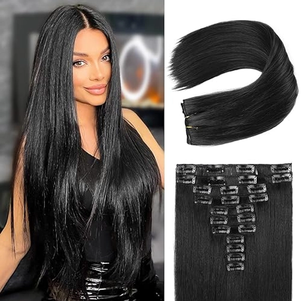 REECHO Hair Extensions, 11PCS Clip in Hair Extensions 24" Long Straight hair extensions HE005 Natural Soft Synthetic Hairpieces for Women – Black