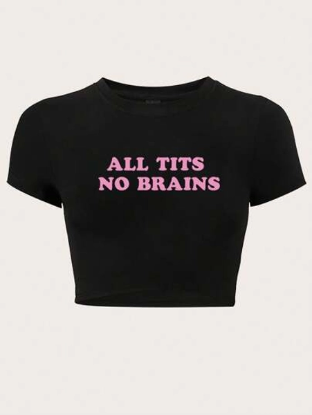 SHEIN EZwear Plus Size Red Slogan Cropped Summer T-Shirt With Navel Baring Design, ALL NO BRAINS