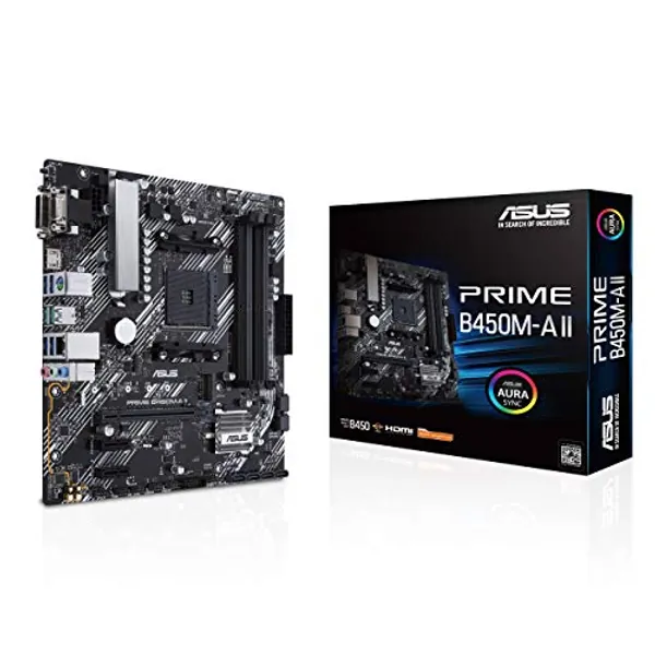 ASUS Prime B450M-A II AMD AM4 (Ryzen 5000, 3rd/2nd/1st Gen Ryzen Micro ATX Motherboard (128GB DDR4, 4400 O.C.), NVMe, HDMI 2.0b/DVI/D-Sub, USB 3.2 2, BIOS Flashback, and Aura Sync)