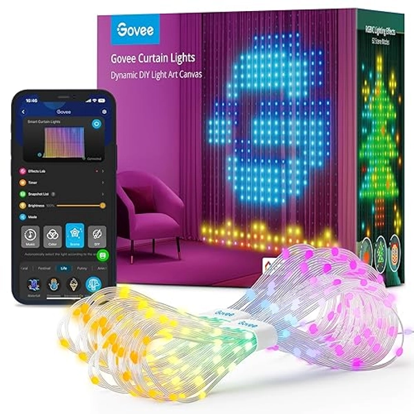 Govee Curtain Lights, Smart LED Curtain Lights, Color Changing Wall Lights, Dynamic DIY Curtain String Lights for Bedroom Living Room Holiday Decor, Outdoor IP65 Waterproof,4.9x6.6ft, 520 RGBIC LED