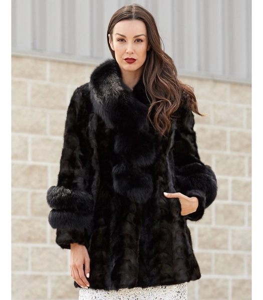 Shiloh Black Mink Coat with Fox Collar & Trim: FurHatWorld.com