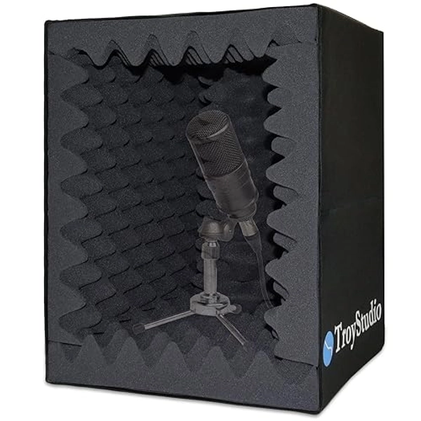 TroyStudio Portable Vocal Booth, Large Foldable Microphone Isolation Shield, Music Recording Studio Sound Echo Absorbing Box, Desk & Stand Use Reflection Filter with Thickened Dense Acoustic Foam