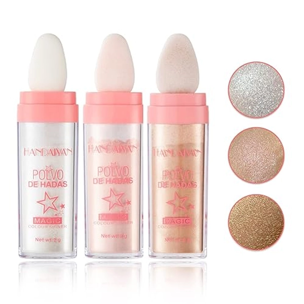 3PCS Polvo De Hadas Highlighter Glitter Stick Body Glitter Shimmer Face Brightening Highlighter Contour Powder Makeup Stick Face Blusher Fairy Glitter Highlighter Makeup - White,Pink,Golden brown