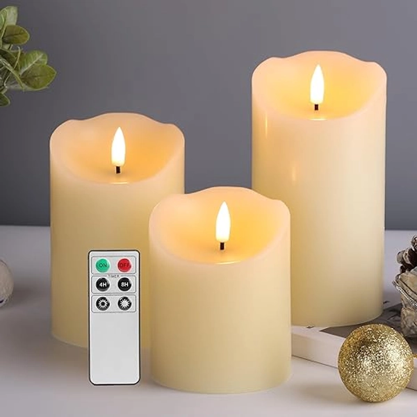 Eywamage Ivory Flameless Pillar Candles with Remote, Flickering Realistic LED Battery Wax Candles Set of 3, Φ 3" H 4" 5" 6"