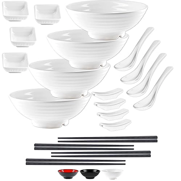 Practimondo Noodle Bowls Set - large 32oz Ramen Bowl Set for authentic Asian Cuisine - comes with Dipping Bowls, Spoons and Chopstick Stands. Enjoy Thai Miso, Udon or Wonton (4 Bowl Set, White)