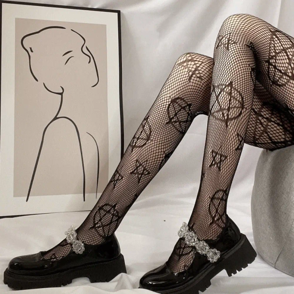 Pentagram Printed Fishnet Tights for Gothic Cospartys