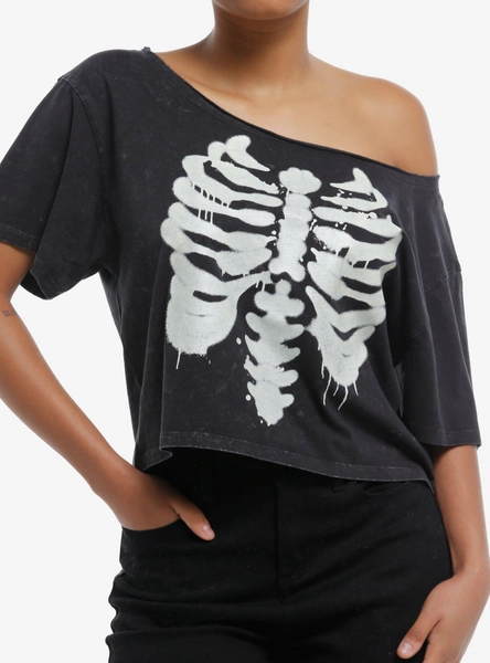 Rib Cage Glow-In-The-Dark Off-Shoulder Girls T-Shirt
