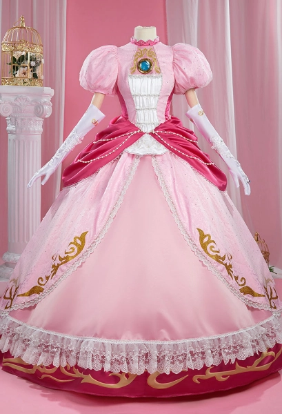 Princess Peach Cosplay Costume Dress with Apron and Waist Chain