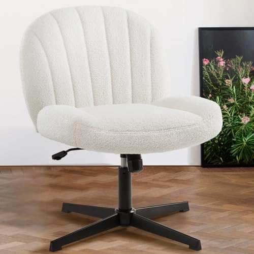 IWMH Armless Office Desk Chair, Cross Legged Chair No Wheels, Height Adjustable Wide Seat, Mid Back Ergonomic, Fabric Padded Task Vanity Chair for Office,Home,Bedroom (White) - White