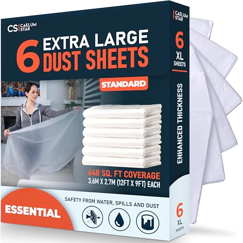 CS 6 Pack Extra Large Plastic Dust Sheets for Decorating 3.6 x 2.7m, Dust Sheet for Painting & Furniture, Plastic Sheet-Plastic Sheeting-Dust Sheets for Painting-Polythene Sheeting - 6 PK - Standard