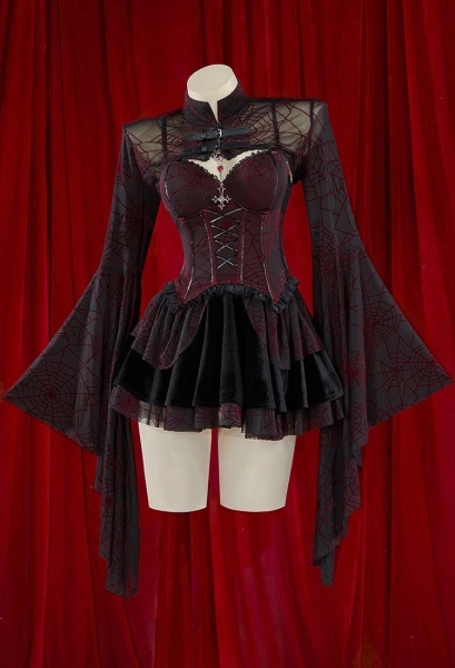 Halloween Gothic Black &amp; Red Vampire Corset Dress Set Spiderweb Pattern Strapless Corset and Skirt with Lace Cover Up